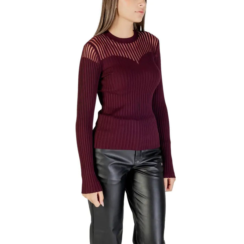 Women’s deep red long-sleeved ribbed knit sweater with sheer striped yoke by Morgan De Toi