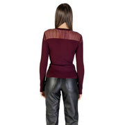 Women’s maroon long-sleeved ribbed knit sweater with sheer striped yoke by Morgan De Toi