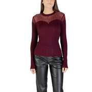 Women’s Bordeaux long-sleeve ribbed knit sweater with sheer striped yoke by Morgan De Toi