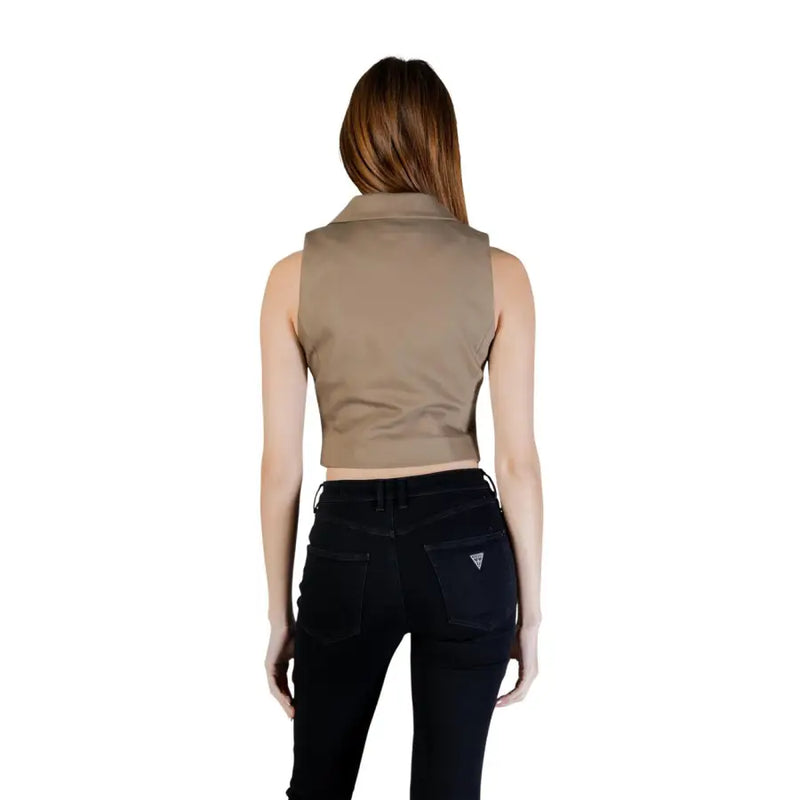 Beige sleeveless cropped cotton vest with collar from morgan de toi for stylish layering and comfort