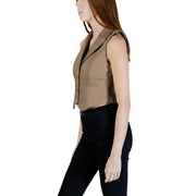 Morgan De Toi green cotton sleeveless gilet with tailored fit tan blazer style and black lapel collar trim