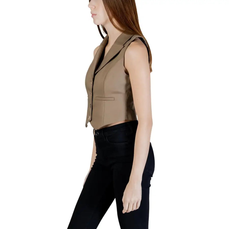 Morgan De Toi green cotton sleeveless gilet with tailored fit tan blazer style and black lapel collar trim