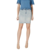 Morgan De Toi light blue cotton blend denim skirt with fitted silhouette and decorative lace trim along the hem
