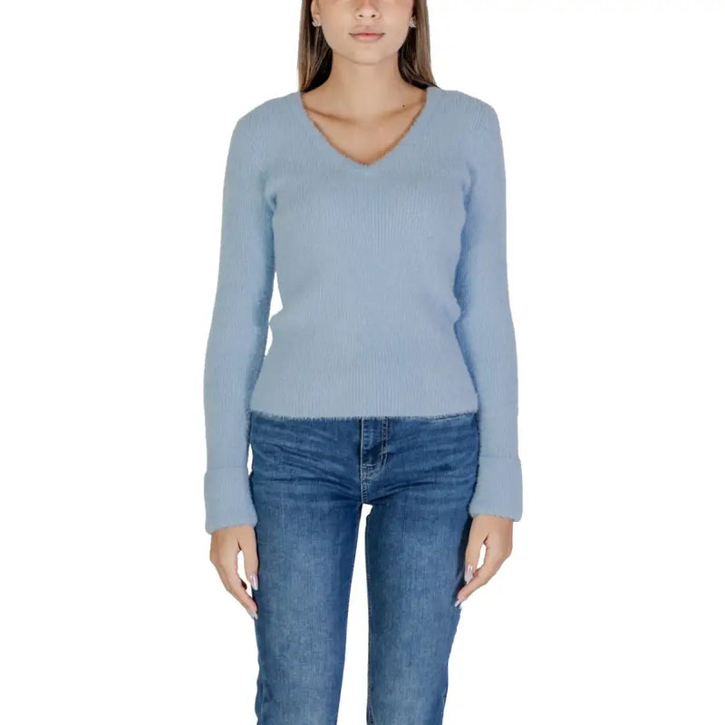 Morgan de toi light blue long v neck knitwear featuring a soft ribbed knit sweater with long sleeves