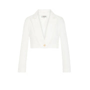 Morgan De Toi white long blazer for women spring summer with cropped fit single button closure and classic notched lapels