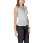 Morgan De Toi white sleeveless v neck blouse featuring light gray fabric with delicate white lace detailing on shoulders