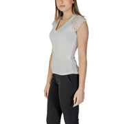 Morgan De Toi white sleeveless v neck blouse in light gray with delicate white lace detailing on the shoulders