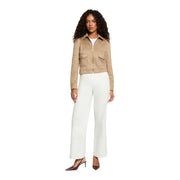 Morgan de toi women beige blazer made of polyester featuring a round neck and flap pockets with front zipper closure