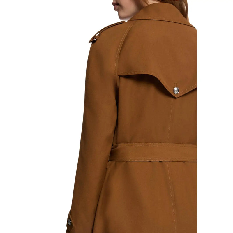 Morgan de toi women beige polyester blend blazer structured caramel trench coat with belted waist and silver buttons