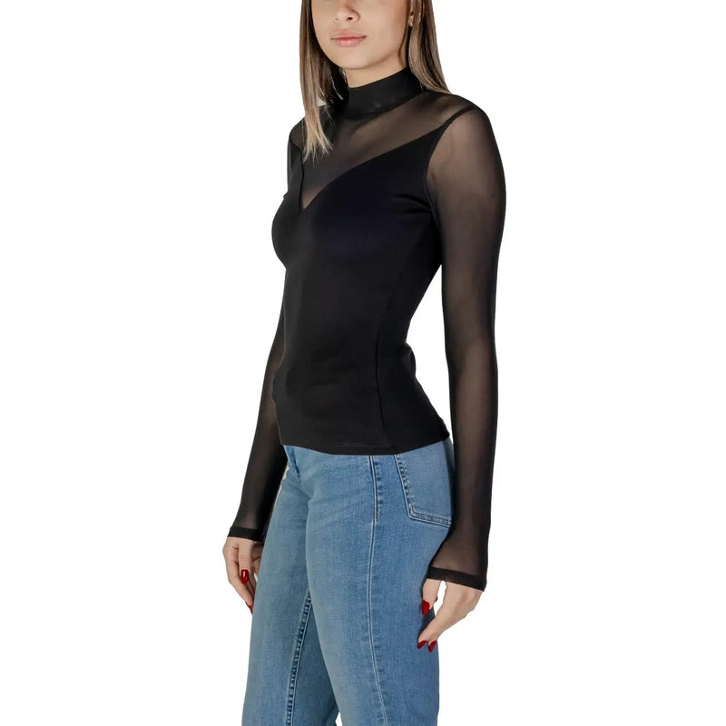 Morgan de toi women black blouse viscose blend with sheer long sleeves and high neckline front view
