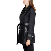 Women’s black double-breasted trench coat with crocodile-effect trim and belted waist