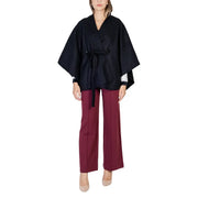 Morgan de toi women black polyester blazer featuring a belted cape design with wide sleeves and white cuffs