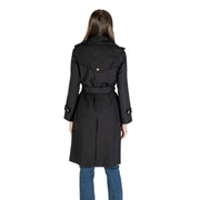 Morgan De Toi women black polyester blazer featuring a trench coat design with belted waist and epaulets shown from the back