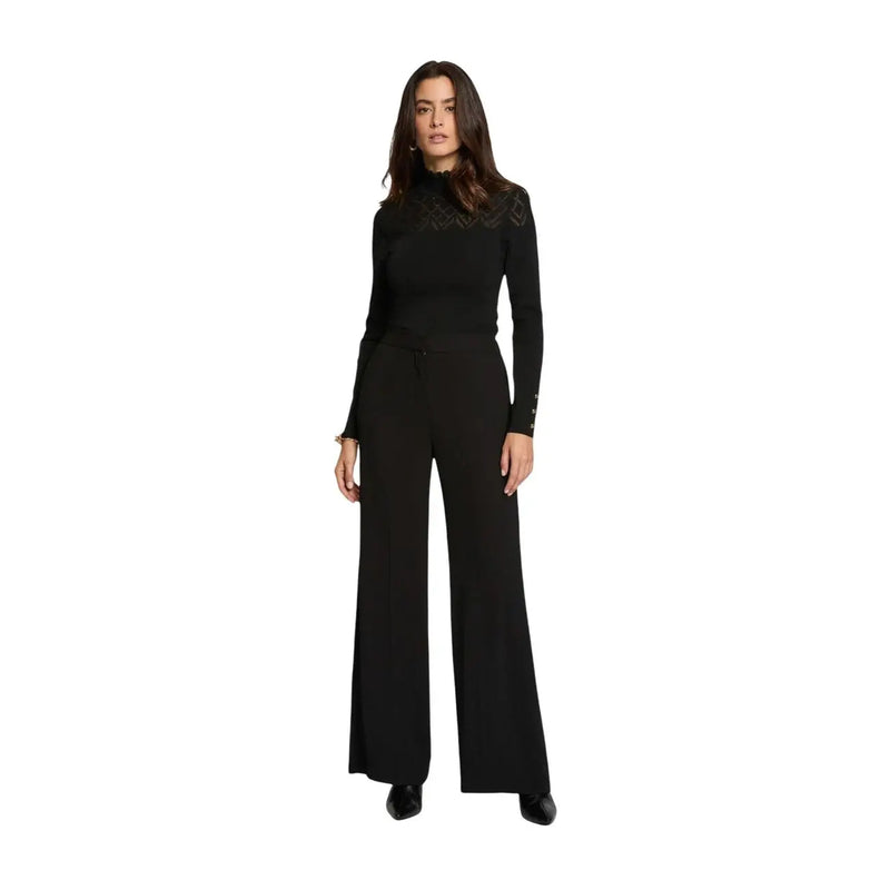 Morgan de toi Schwarzer Damen-Overall aus Polyester mit hohem Kragen und Spitzendetails an Schultern und Bündchen