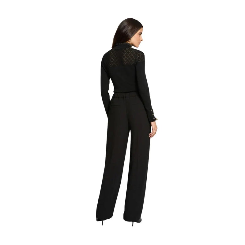 Rückansicht von morgan de toi Schwarzer Damen-Overall aus Polyester mit transparenten Spitzendetails, hohem Ausschnitt und weitem Bein