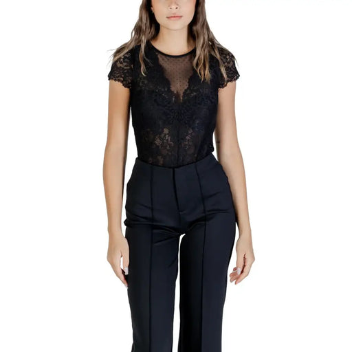 Morgan De Toi women black lace blouse with short sleeves and sheer mesh panel featuring automatic buttons