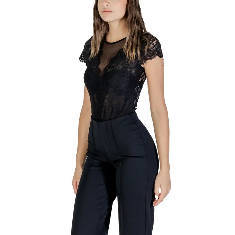 Morgan de toi women black lace blouse with sheer mesh panel and short flutter sleeves featuring automatic buttons