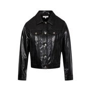 Morgan De Toi women black faux leather cropped jacket with silver buttons and classic denim-style design synthetic blazer