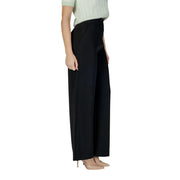Morgan De Toi Schwarze, hochgeschnittene Damenhose mit weitem Bein aus glattem Polyester mit Reißverschluss und Knopfverschluss