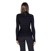 Rückseite Morgan De Toi Schwarzer Damen-Rollkragenpullover mit Rippstrickstruktur und horizontalen Streifen