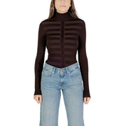 Morgan De Toi Damen schwarzer dunkelbrauner gerippter Strickrollkragen top mit horizontal gestreiften Viskose-Einsätzen