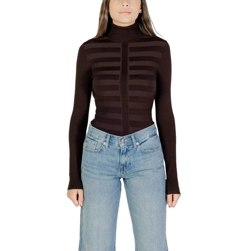 Morgan De Toi Damen schwarzer dunkelbrauner gerippter Strickrollkragen top mit horizontal gestreiften Viskose-Einsätzen