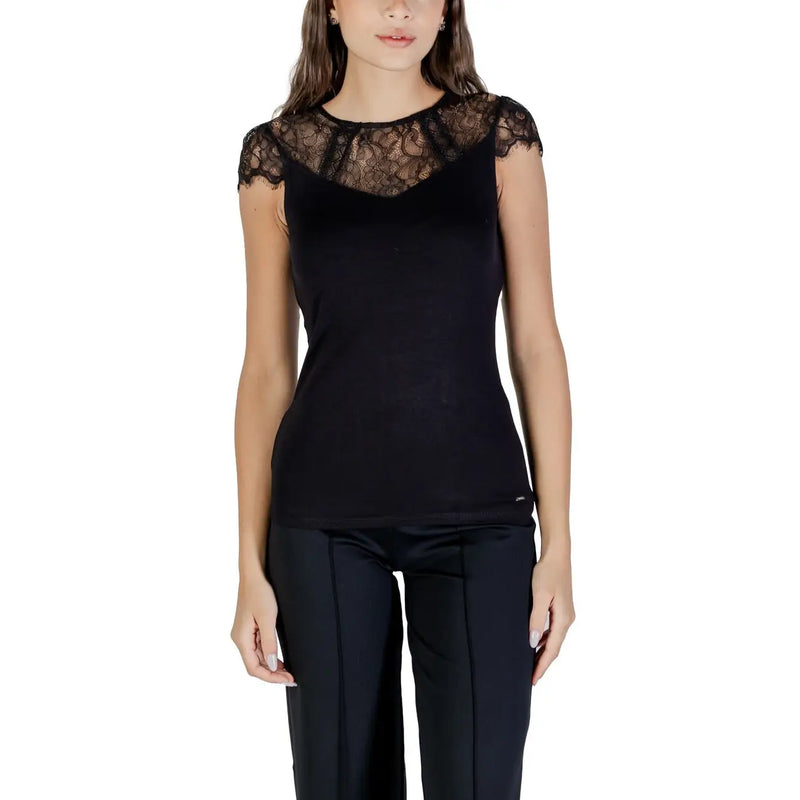 Morgan de toi women black viscose sleeveless blouse with delicate lace detailing on shoulders and neckline