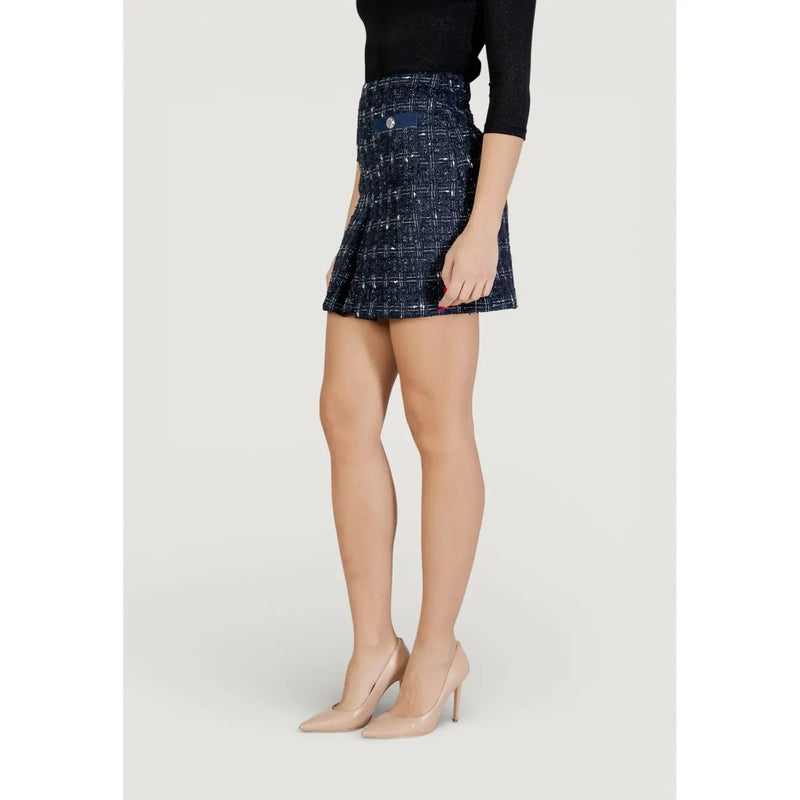 Morgan De Toi women blue checked mini skirt in polyester with navy tweed fabric and matching belt detail at waist