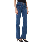 Morgan de toi Damen-Jeans aus blauem Baumwollmischgewebe mit ausgestelltem Bein, Knopfverschluss und Vordertaschen aus Denim