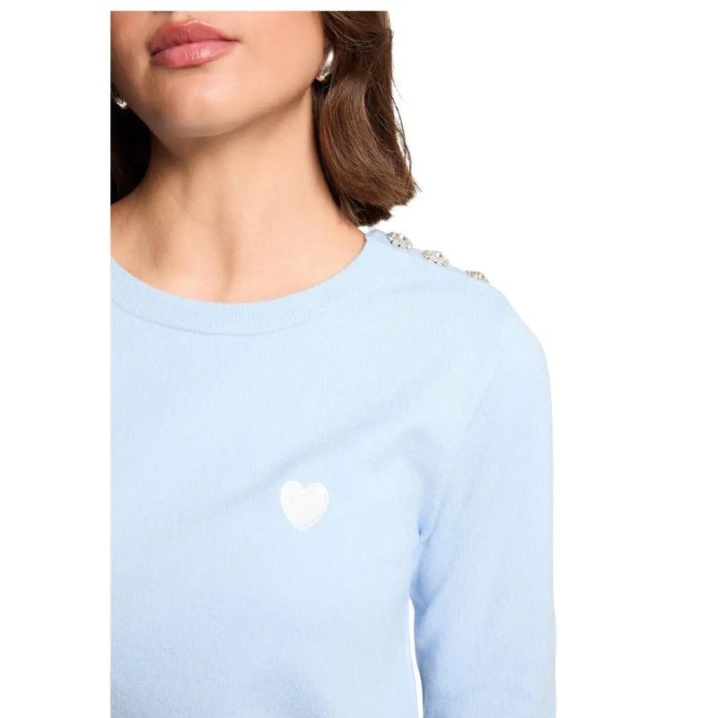 Morgan De Toi Damenpullover aus blauem Viskose-Strickstoff mit Rundhalsausschnitt, hellblauen langen Ärmeln, weißem Herzapplikation und Kristallen