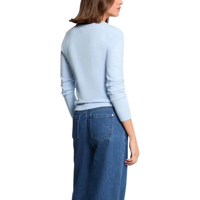 Morgan de toi Damen blauer Strickpullover aus Viskose mit Rundhalsausschnitt, langen Ärmeln, geripptem Saum und Bündchen