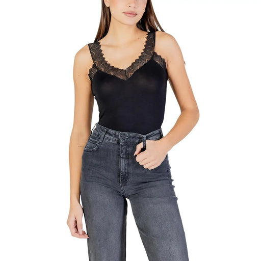 Black lace-trimmed sheer camisole top with scalloped neckline featuring blue viscose strappy square neck design by Morgan De Toi