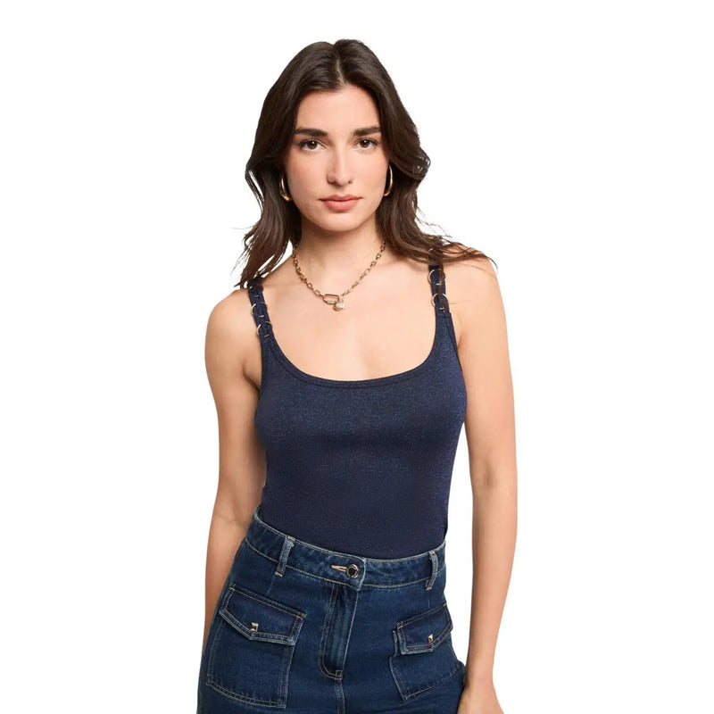 Marineblaue gerippte Viskose Morgan De Toi Damen-Trägerkleid mit eckigem Ausschnitt top mit verstellbaren Spaghettiträgern