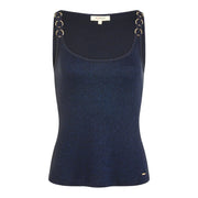 Morgan De Toi Damen-Tanktop aus blau schimmernder Viskose top mit goldfarbenen Ringdetails an marineblauen Riemen und quadratischem Ausschnitt