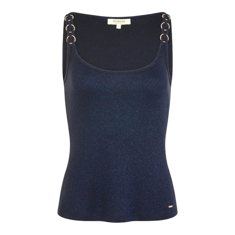 Morgan De Toi Damen-Tanktop aus blau schimmernder Viskose top mit goldfarbenen Ringdetails an marineblauen Riemen und quadratischem Ausschnitt