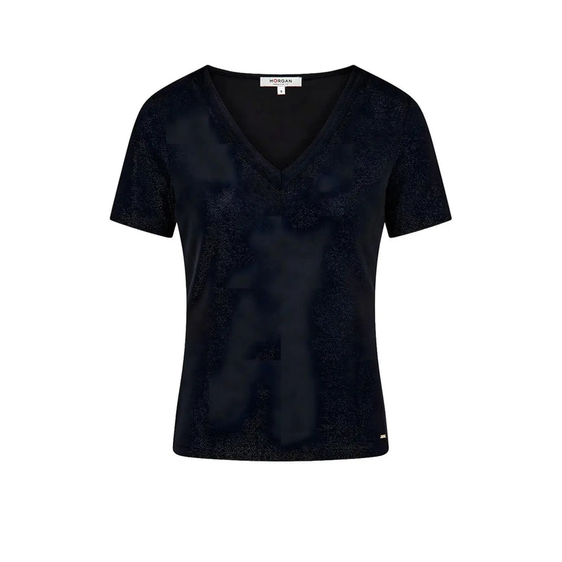 Morgan De Toi women black v neck short-sleeved polyester top with subtle shimmering texture for casual wear
