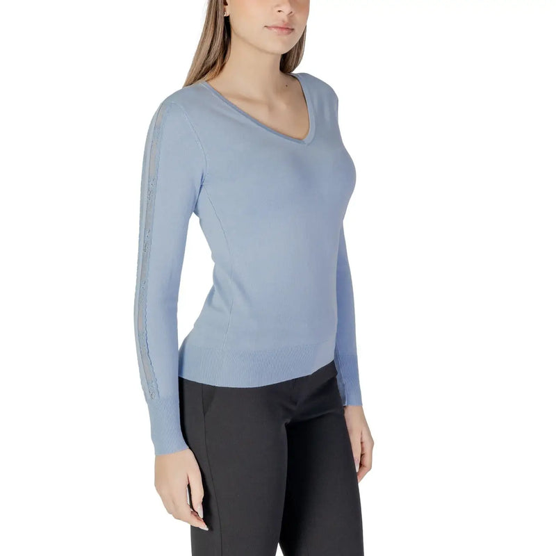 Morgan de toi Damen-Langarmpullover aus blauer Viskose top mit dezenten Ärmelverzierungen und V-Ausschnitt