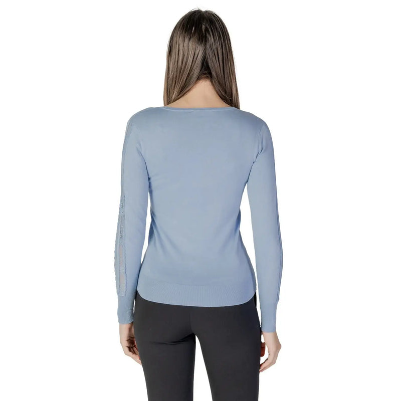 Morgan De Toi Damen-Strickwaren aus blauer Viskose, hellblau, langärmelig top mit transparenten Netzeinsätzen an den Ärmeln