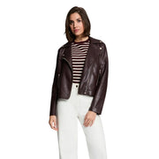 A sleek dark brown synthetic leather biker jacket with silver zippers and snap buttons from morgan de toi