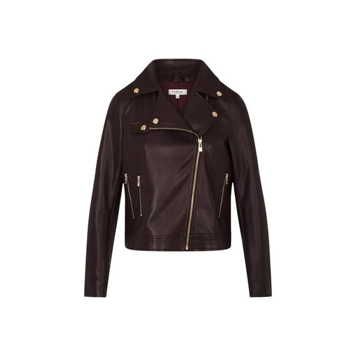 Morgan de toi Damenblazer in Bordeaux, dunkelbraune Bikerjacke aus Kunstleder mit goldfarbenen Reißverschlüssen und Knöpfen