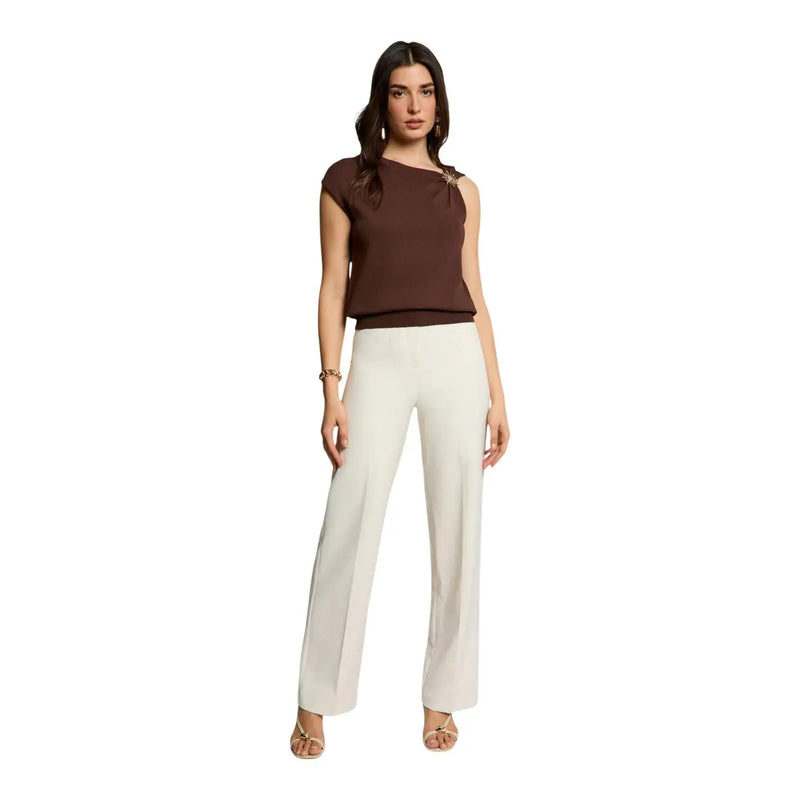 Morgan De Toi Damen braune Strickbekleidung ärmellos top mit braunem One-Shoulder-Design und dezenter Schulterverzierung