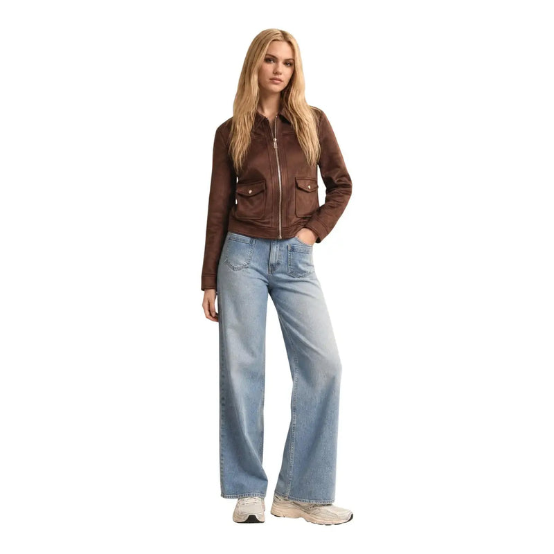 Brown leather jacket by morgan de toi with front zipper and two flap pockets made of polyester elastane