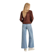 Morgan De Toi women brown zip blazer in polyester elastane paired with wide-leg light blue jeans