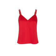 Ein leuchtend rotes Satin-Camisole mit dünnen Trägern und goldfarbenen Zierverschlüssen von Morgan De Toi