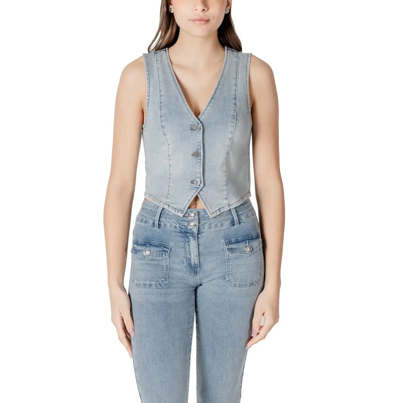 Morgan de toi Damen-Weste aus hellblauem Denim, ärmellos, tailliert im Korsett-Stil mit Knopfverschluss und Baumwollmischung