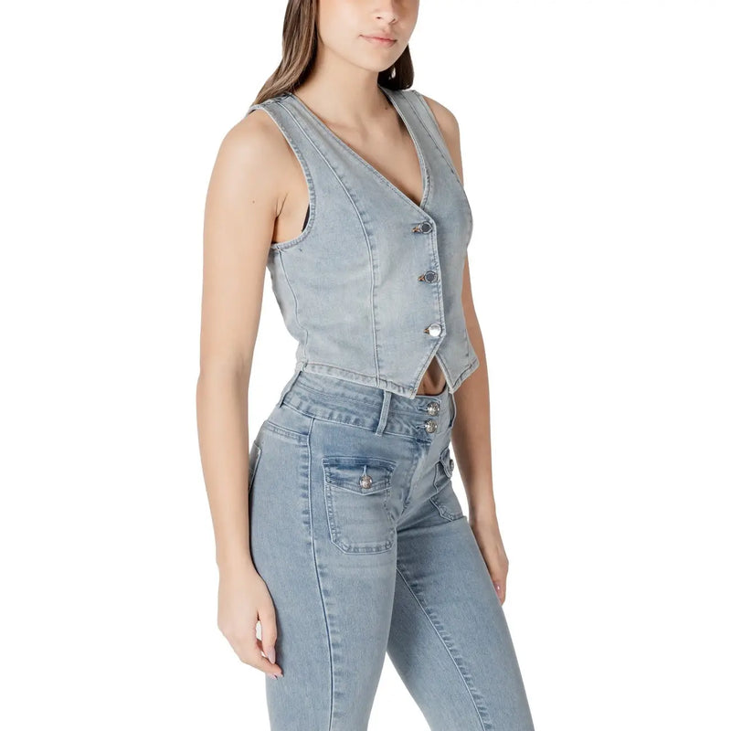Morgan de toi Hellblaue, ärmellose Jeansweste für Damen aus Baumwollmischgewebe mit Knopfverschluss und kurzem, tailliertem Schnitt