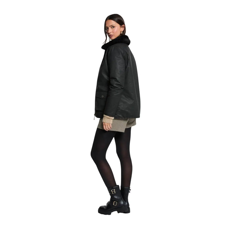 Morgan De Toi Schwarze Damen-Kunstlederjacke mit flauschig gefüttertem Kragen und Knopfleiste