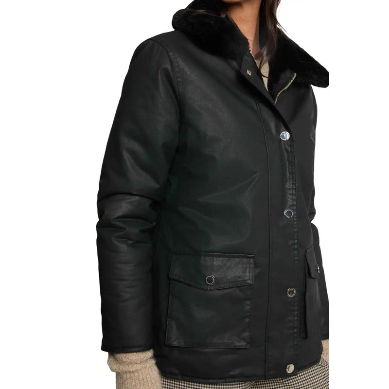 Morgan De Toi Schwarze Damen-Baumwolljacke mit Knöpfen, bestehend aus einem schwarzen Kunstlederparka mit Plüschpelzkragen und silbernen Knöpfen
