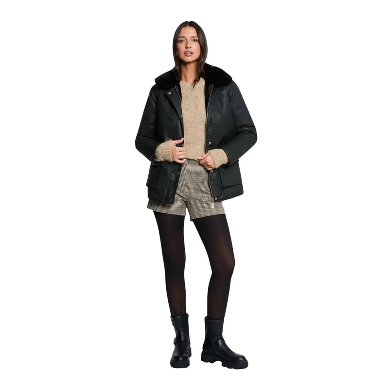 Schwarzes Leder morgan de toi Damen-Baumwolljacke mit flauschigem Pelzkragen und gerippten Bündchen mit Knöpfen