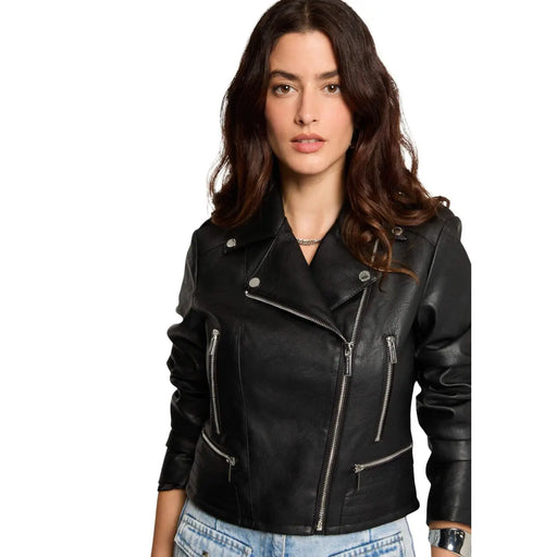 Morgan de toi Damenblazer aus schwarzem Polyurethan-Kunstleder im Bikerjacken-Stil mit silbernen Reißverschlüssen und Druckknöpfen